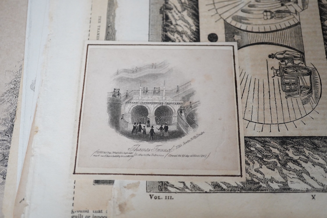 A collection of early to mid 19th century newspaper cuttings and engravings related to Marc Brunel’s Thames Tunnel, including contemporary reports and French reports, The Mirror, dated Saturday May 22, 1824, a contempora